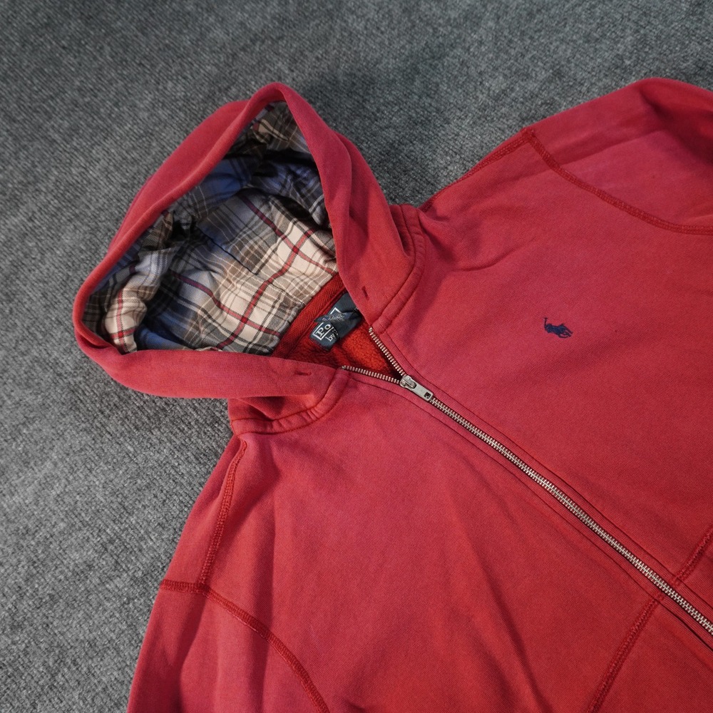 Polo Ralph Lauren Hoodie Mens Large Red Full Zip Plaid Lined Hood Pony Faded